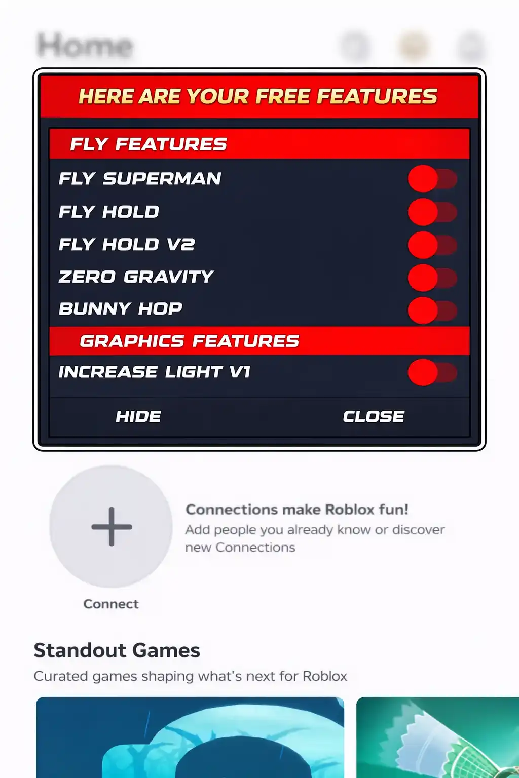 Roblox gameplay features panel showing multiple toggles like dark mode, glow effect, fly, and zero gravity enabled
