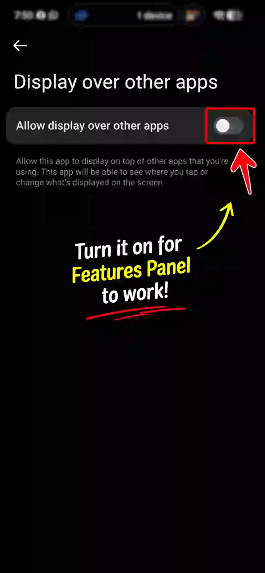 Android display over other apps setting with allow toggle to enable overlay permission for roblox anti-ban apk
