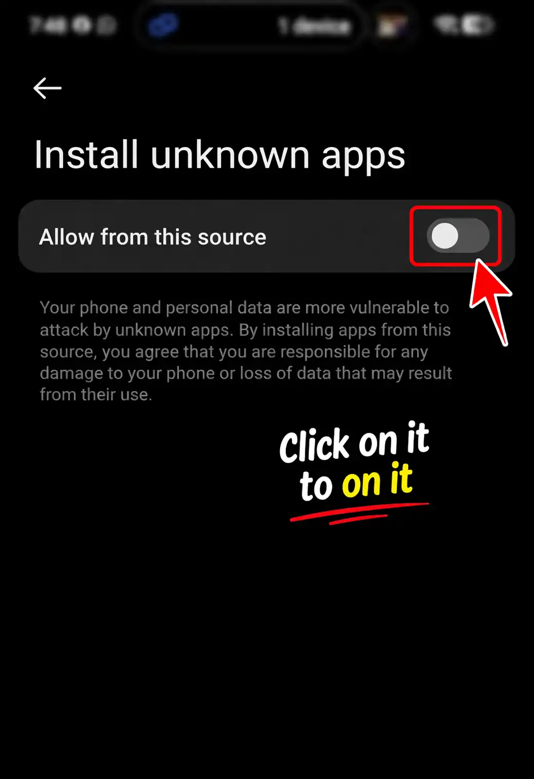 Android settings screen showing the “Allow from this source” toggle for installation of roblox mod apk