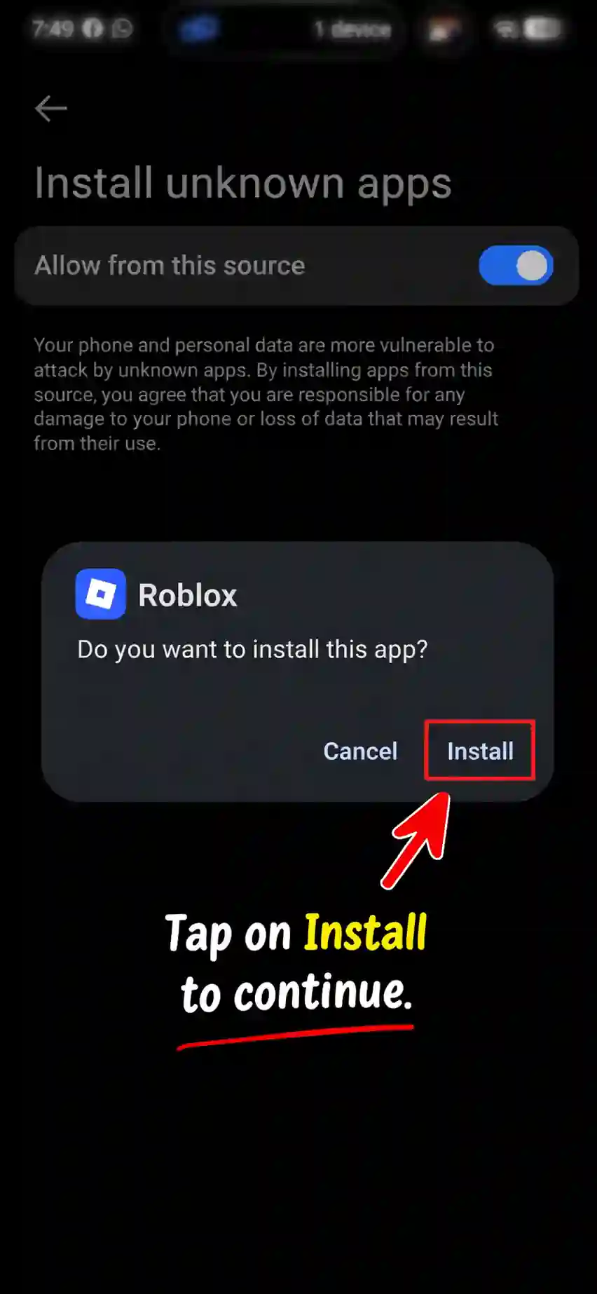 Android Roblox mod APK install confirmation popup showing Install button