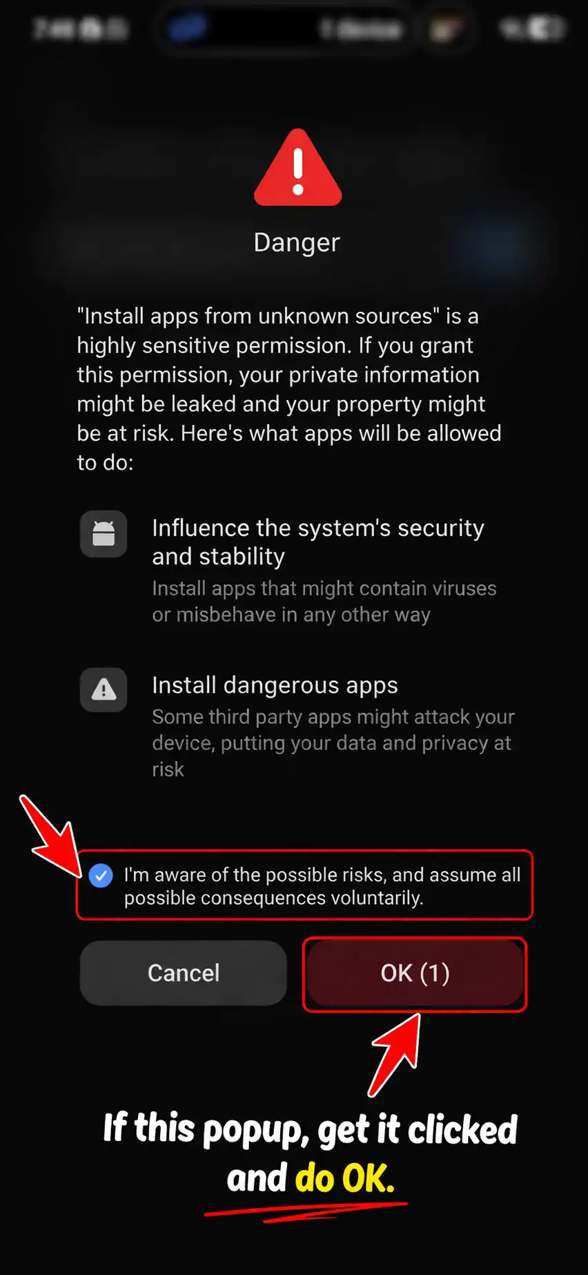 Android unknown sources warning popup showing risk confirmation checkbox to proceed unlocked roblox apk installation