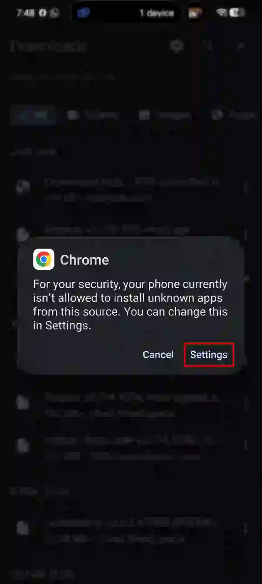 Chrome security warning showing blocked unknown app installation