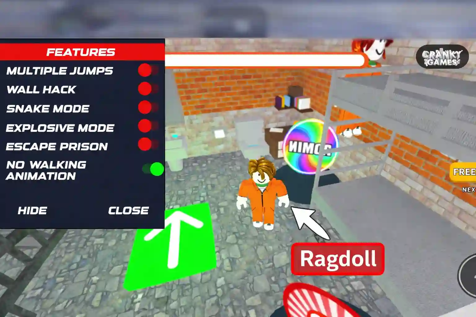 Roblox hack mod showing No Walking Animation feature