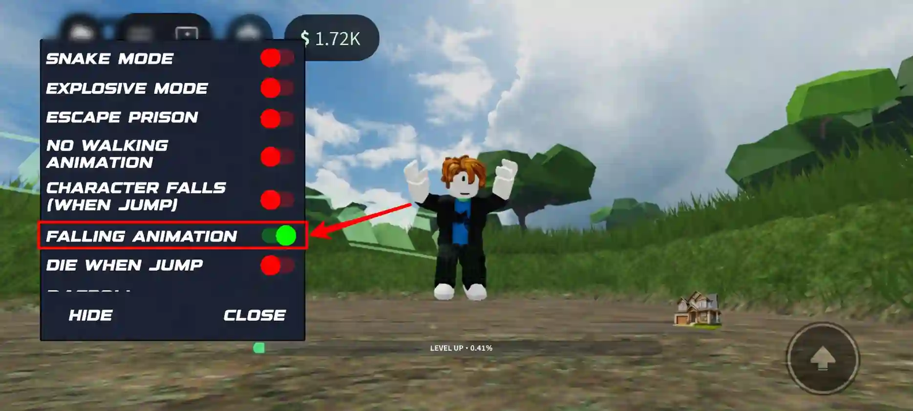 Roblox moddler showing falling animation feature and character mid-air fall