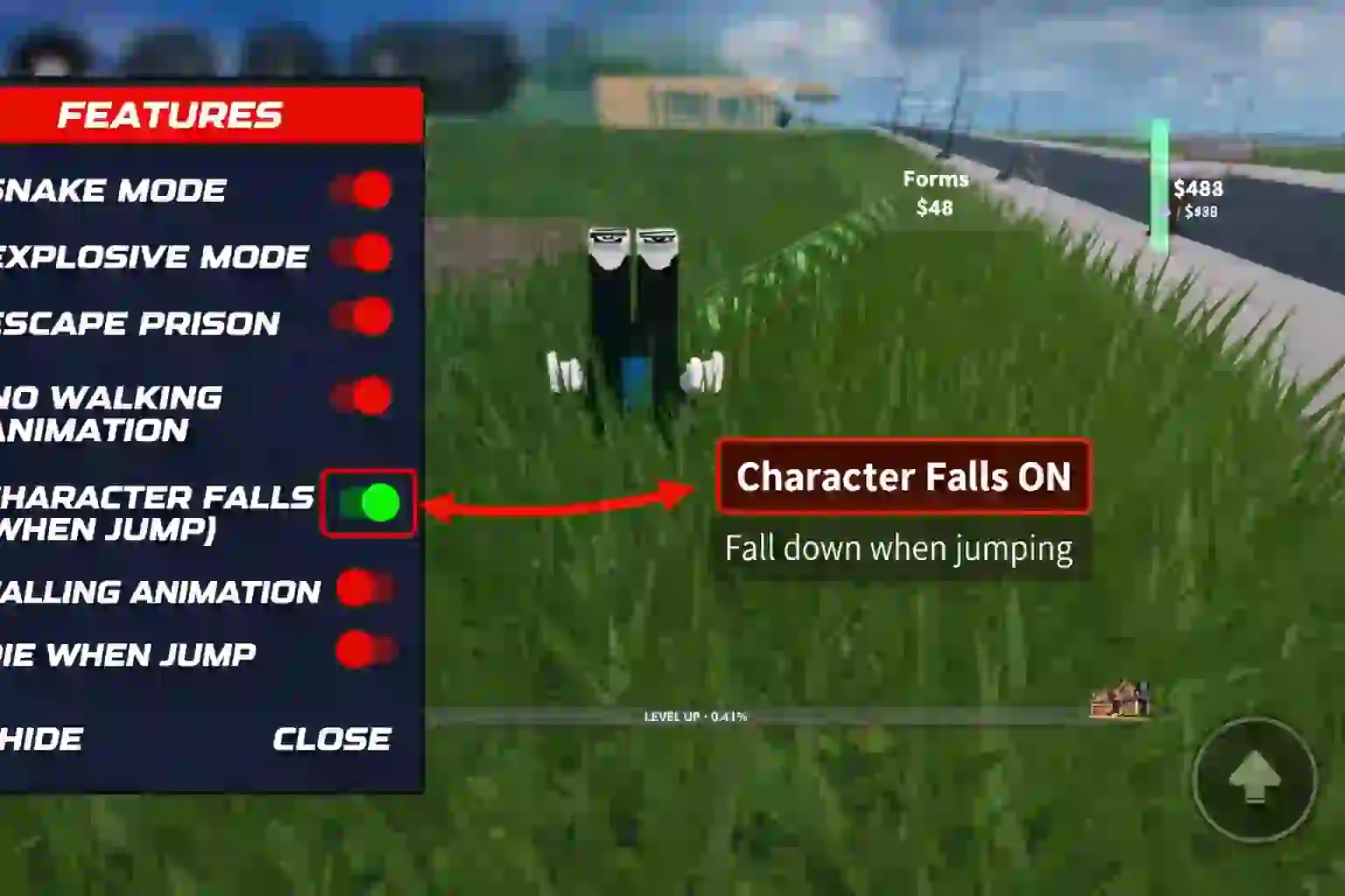 Roblox modded apk for android showing character falls when jump
