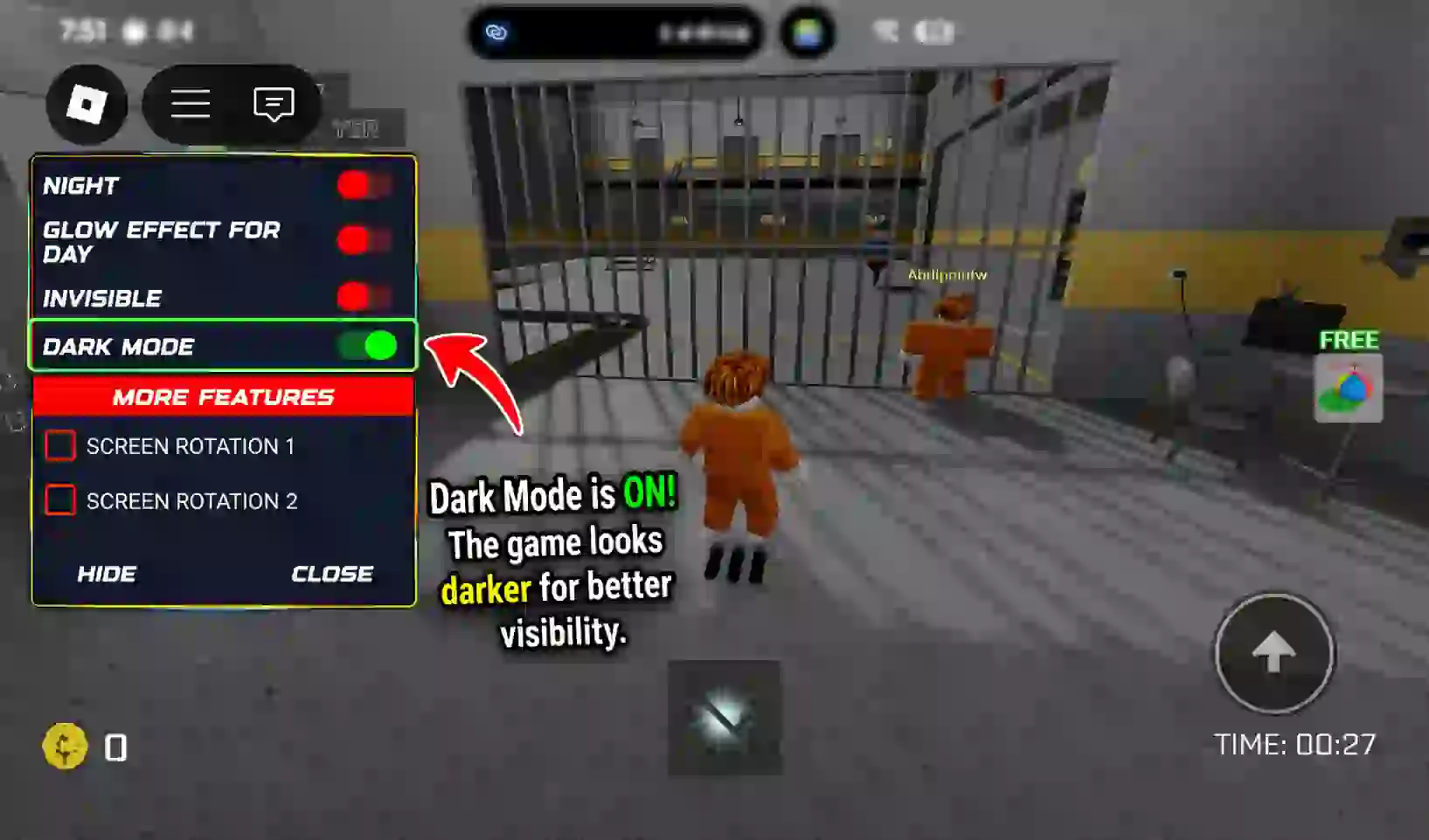 Roblox mods apk screen showing dark mode