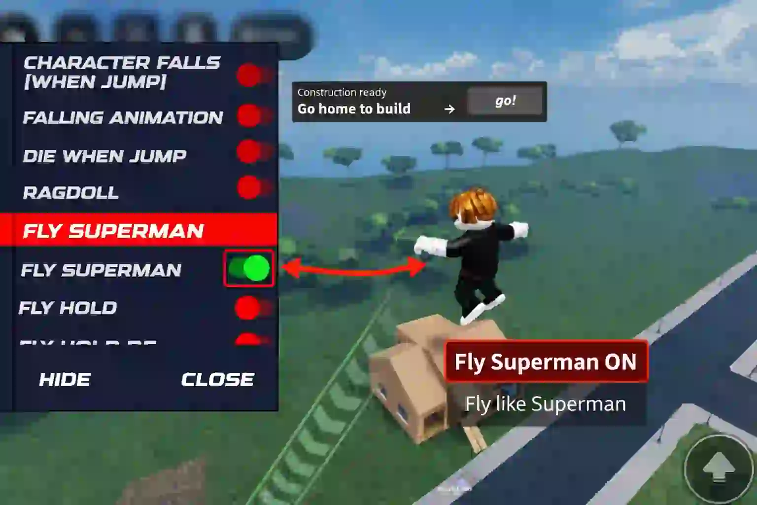 Roblox hack fly apk showing Fly Superman feature with character flying in air