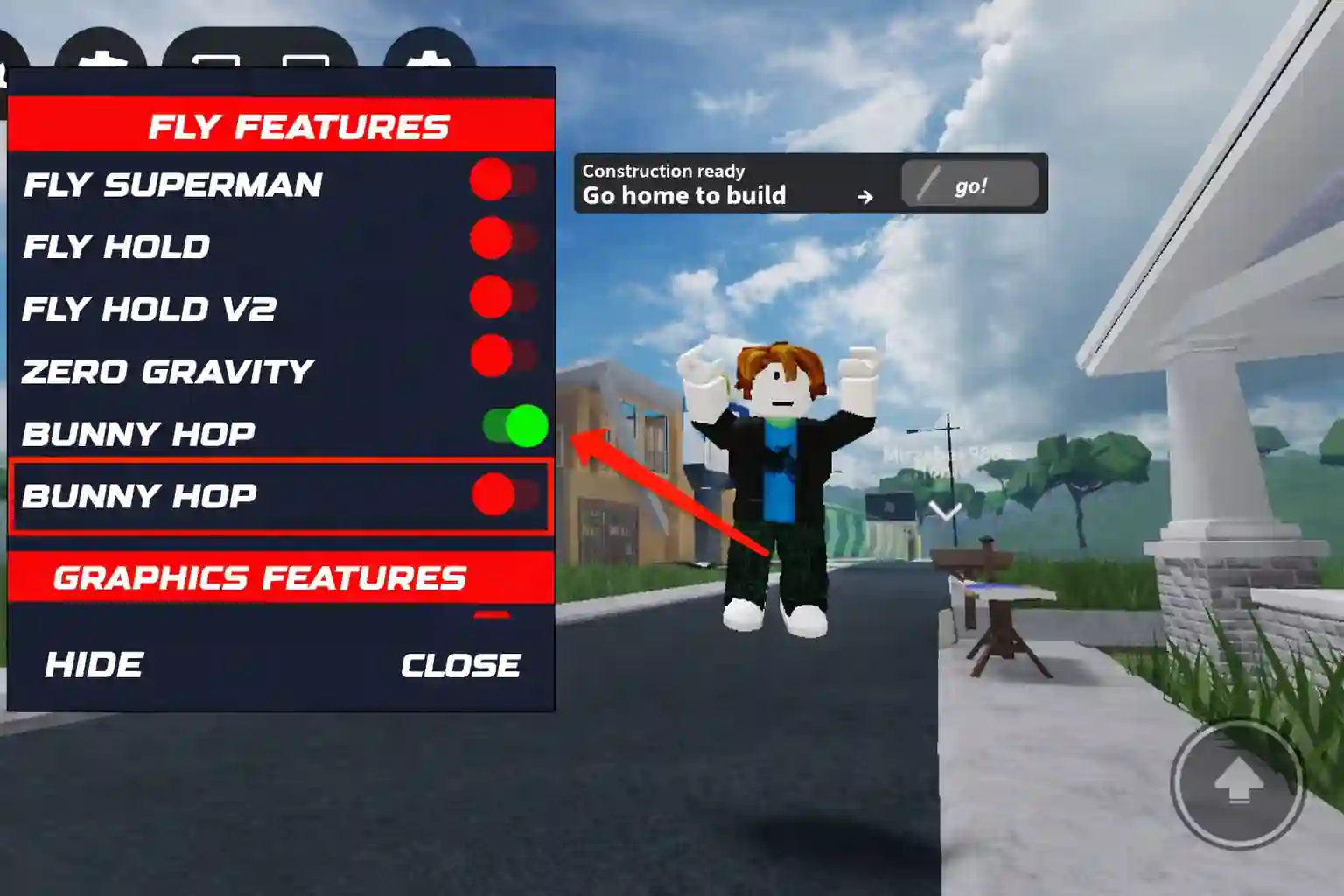 Roblox modder apk showing bunny hop feature enabled and character jumping repeatedly