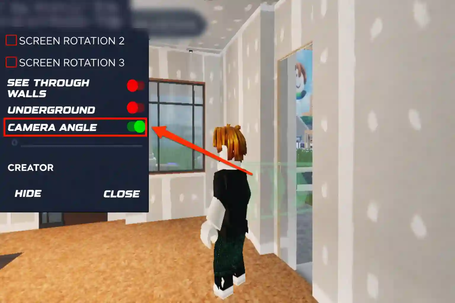 Current Roblox mod version gameplay showing camera angle and character inside room view