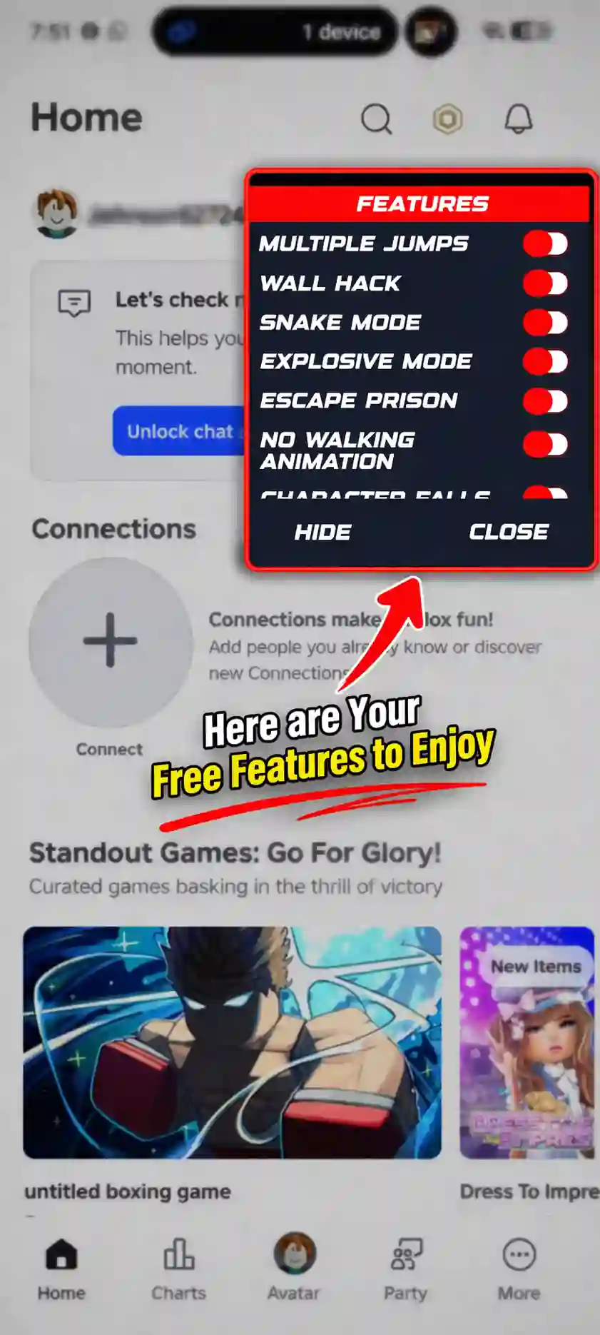 Roblox mod apk free features panel on Android screen showing toggles and settings