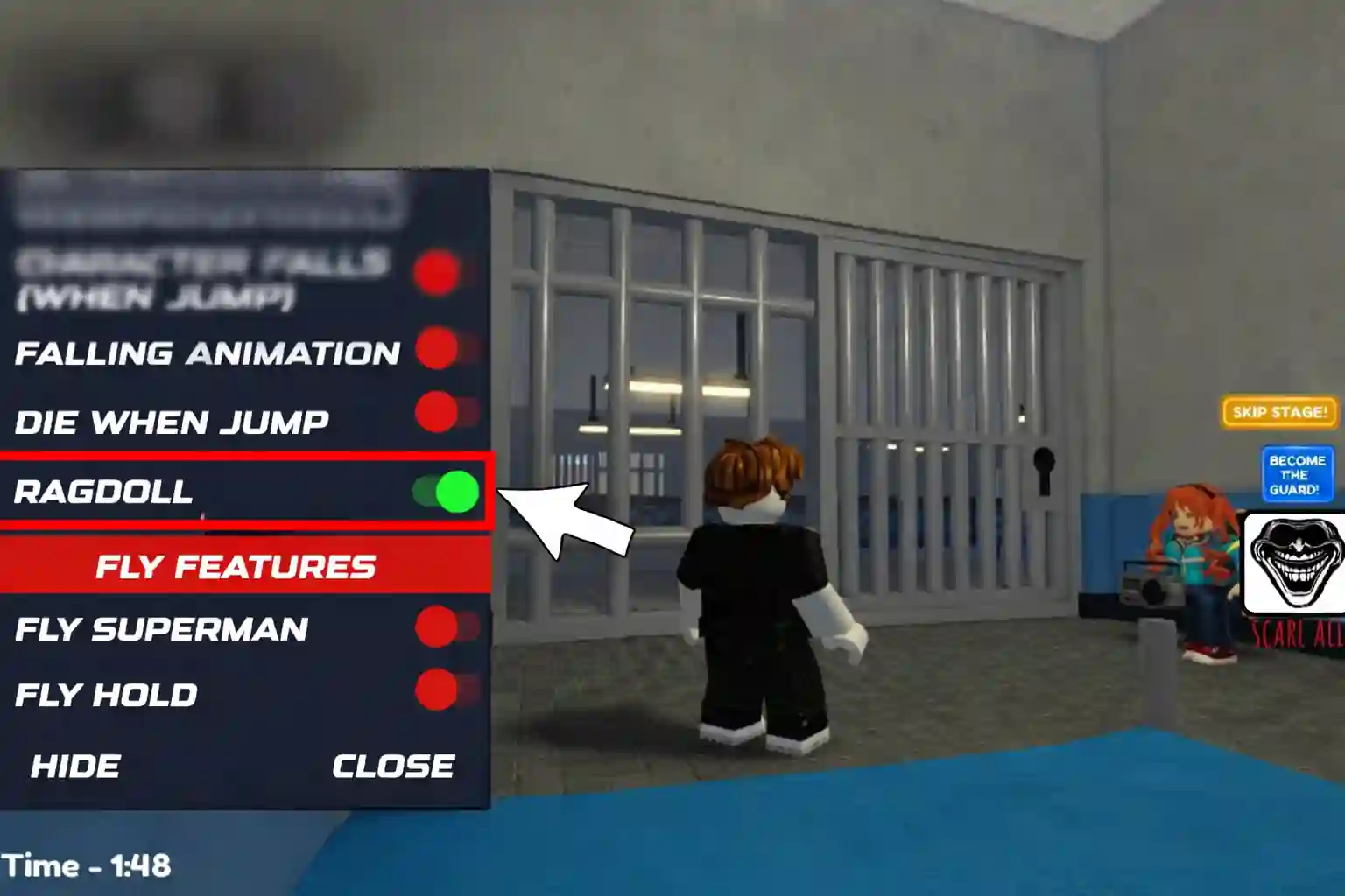 Roblox hacks mod gameplay showing ragdoll feature
