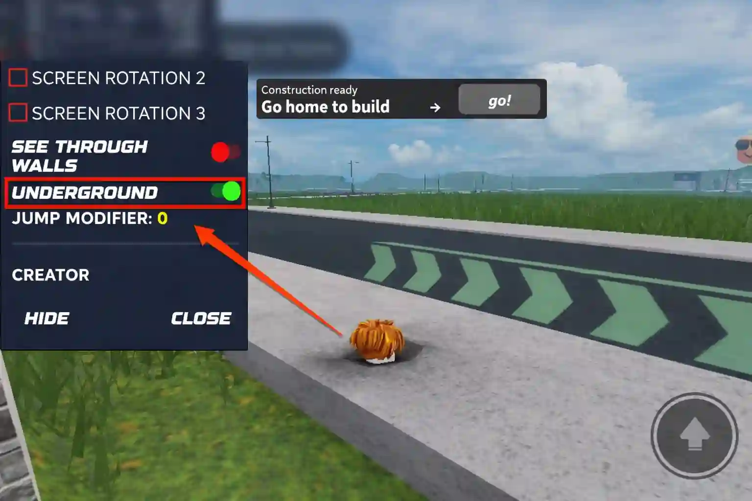 Roblox cheats menu showing underground feature and character moving below ground