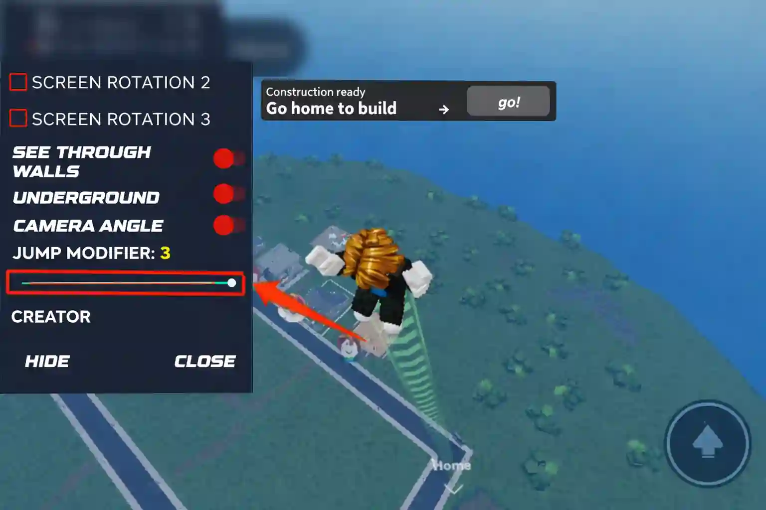 Roblox mod APK gameplay showing jump modifier slider set to high value with character jumping high