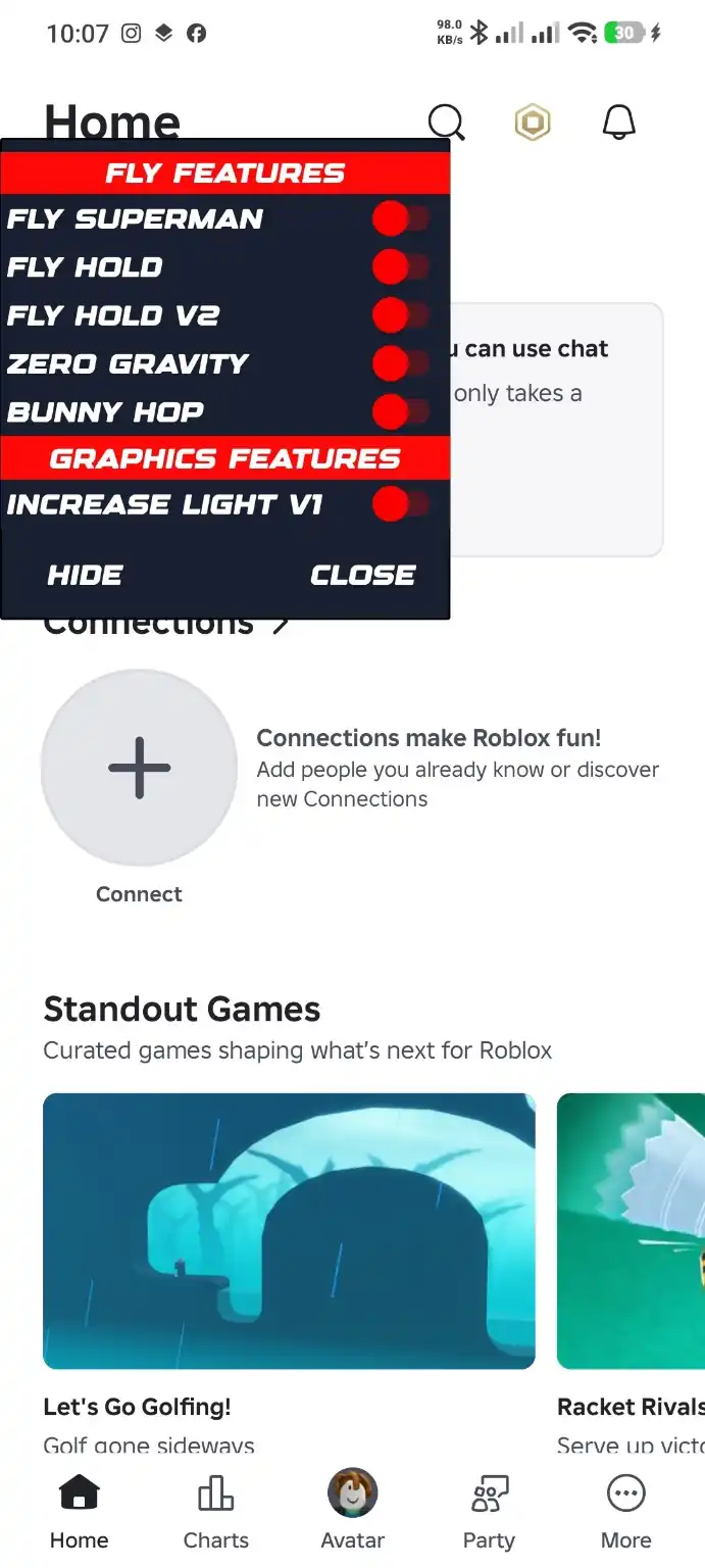 Roblox mod menu features panel on Android screen showing toggles and settings
