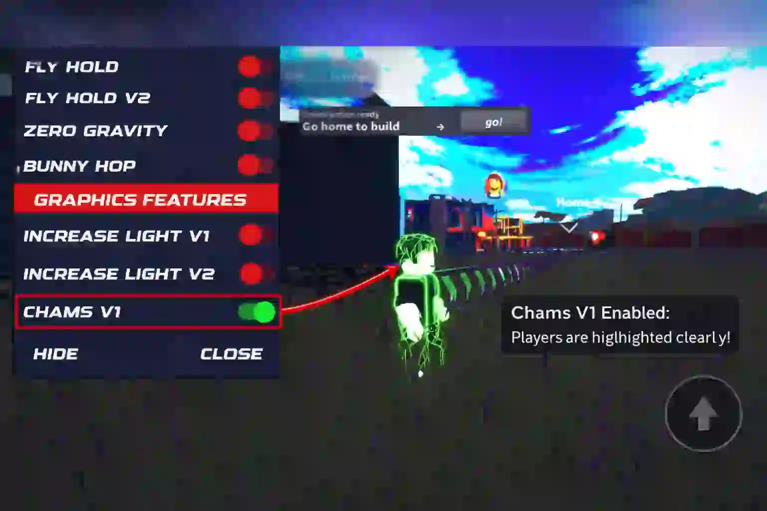 Roblox hacking mod showing Chams V1 with player highlighted in green