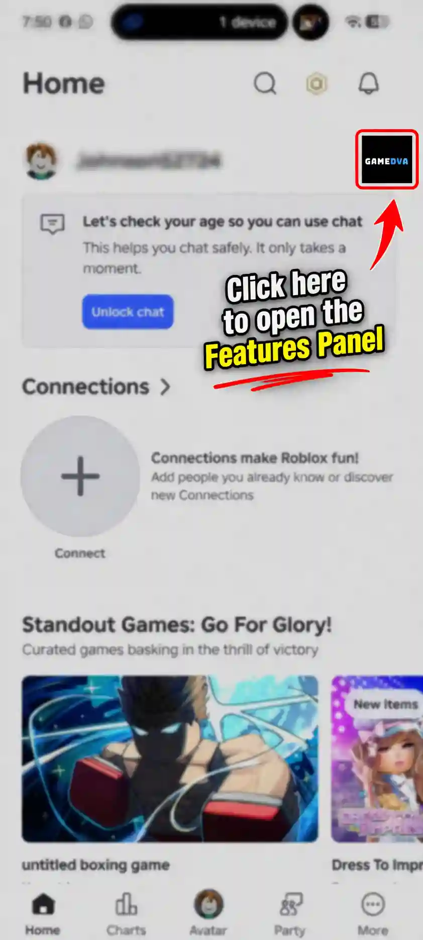 Roblox modded apk home screen on Android showing Overlay features panel