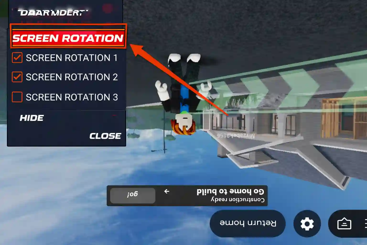 Roblox mod APK gameplay showing screen rotation with inverted view