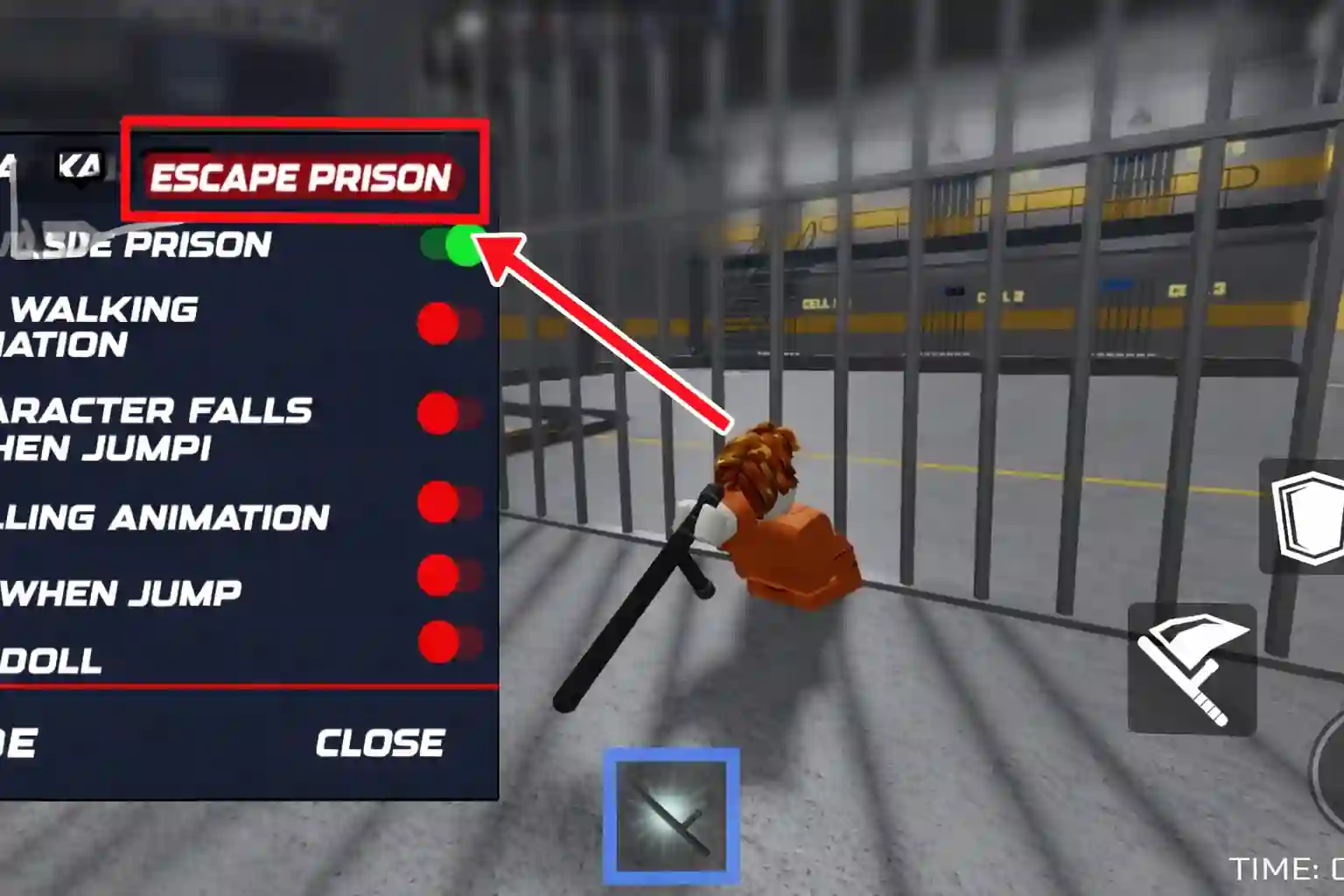 Roblox hack apk gameplay showing escape prison feature and character breaking out of jail