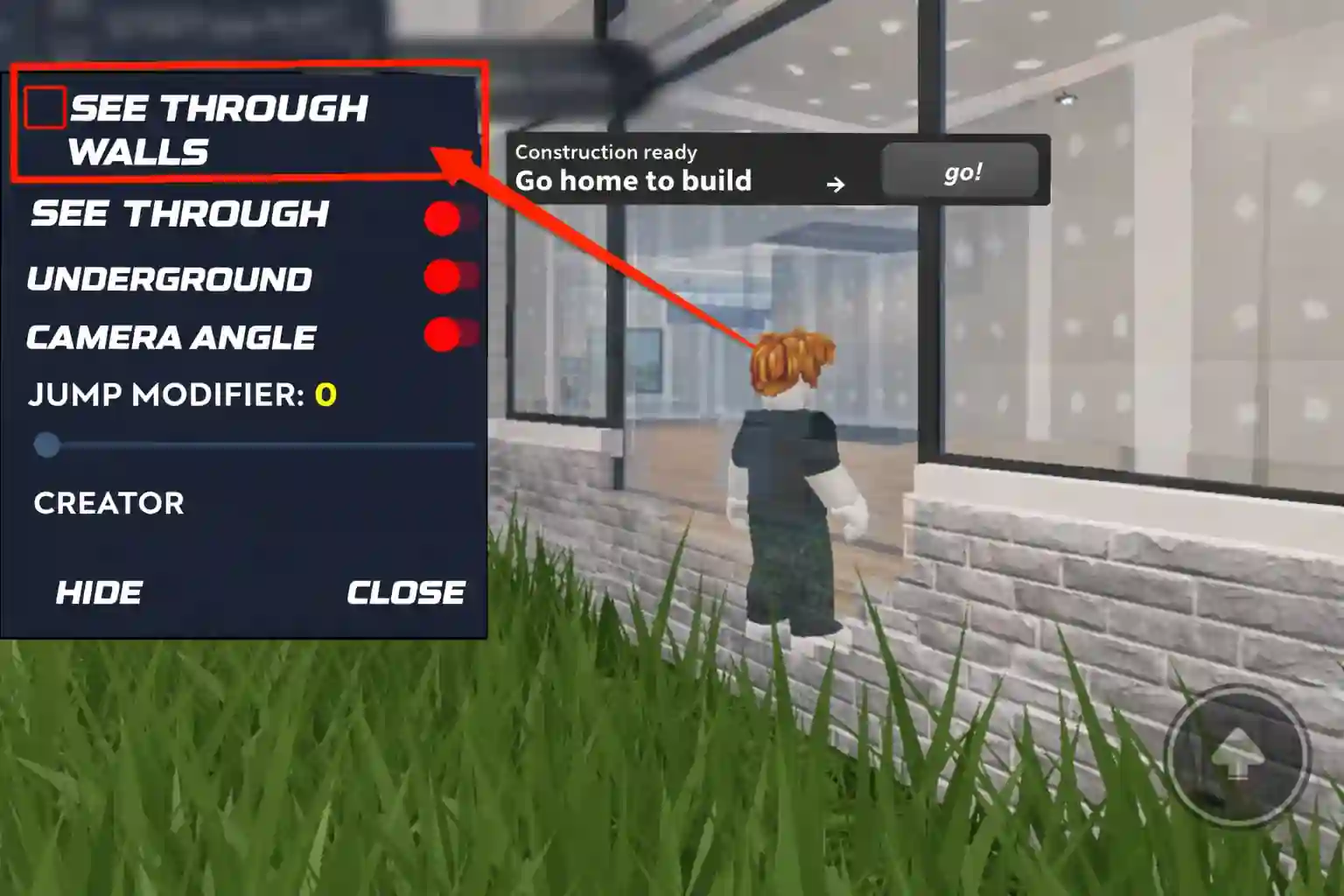 Roblox latest version mod APK showing see through walls feature and character viewing inside building