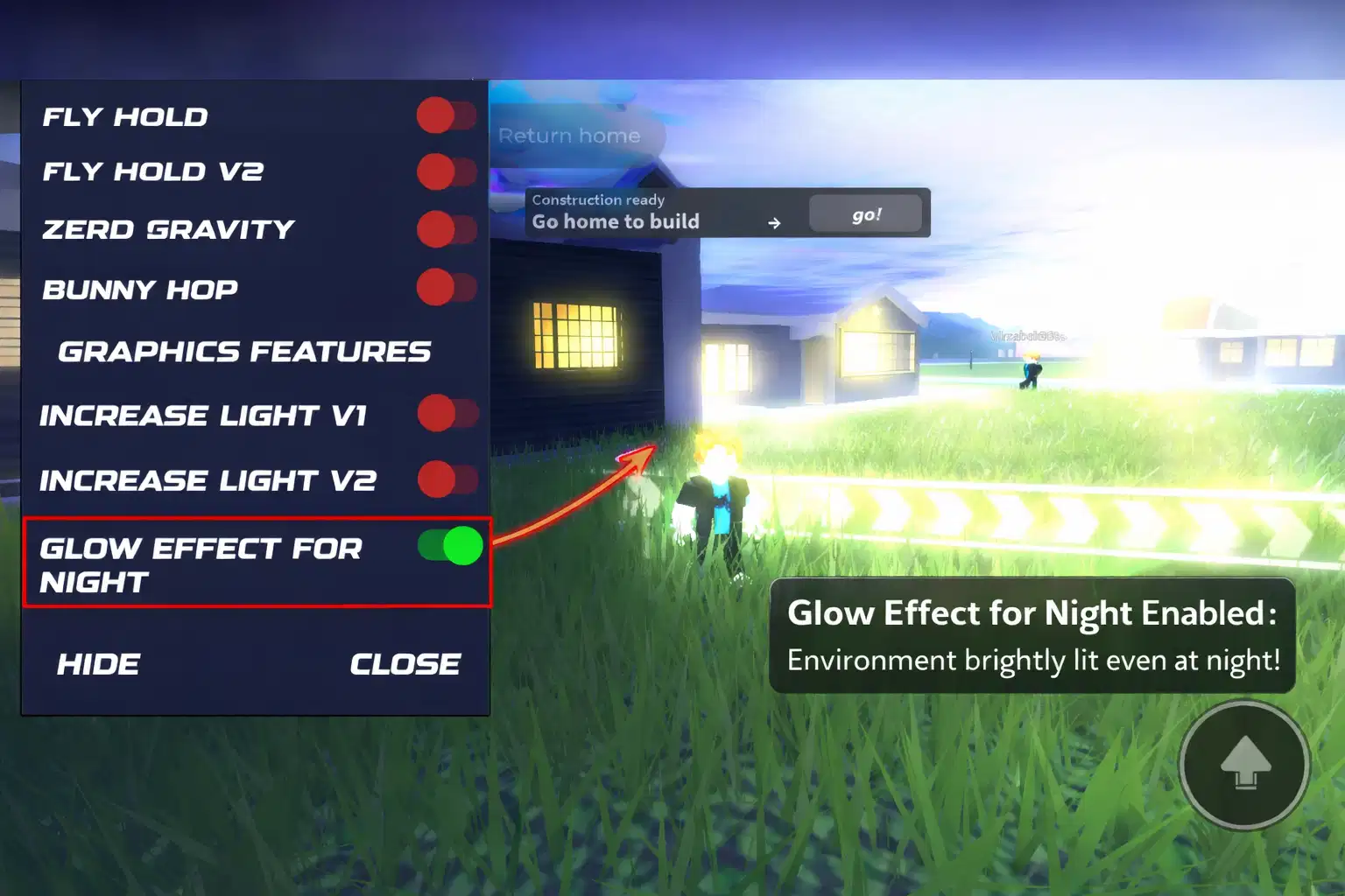 Roblox mod menus showing glow effect for night