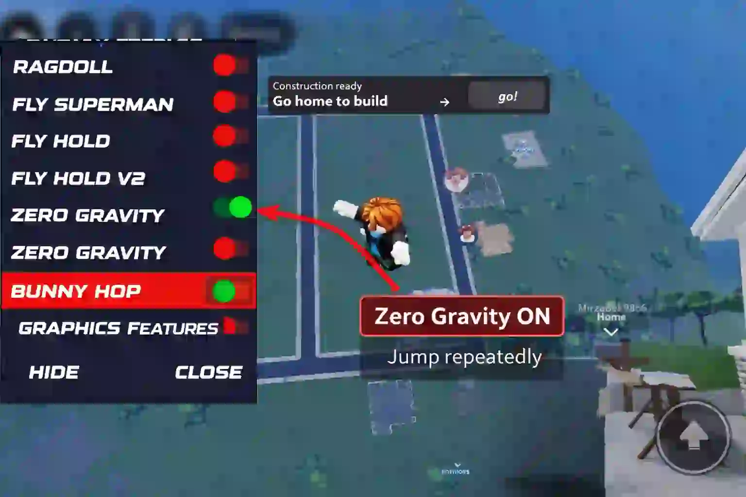Roblox hacks mod showing zero gravity with character floating
